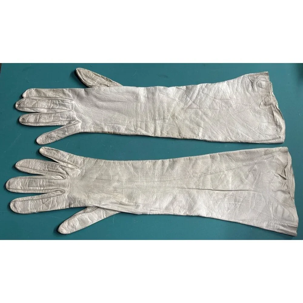 VTG La Masheen Real Kid Leather Ivory Womens Unlined Gloves Long Elegant Vintage